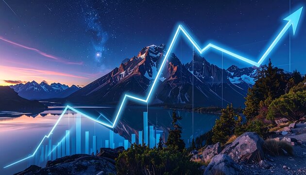 A captivating landscape showcases a rising trend graph, superimposed over a serene mountain lake scene at twilight.