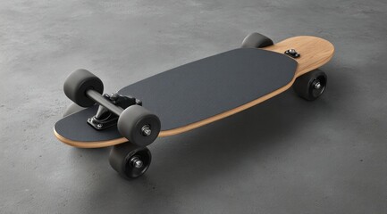 Longboard on concrete floor.  Dark gray deck, light brown wood deck edges. Black wheels and trucks