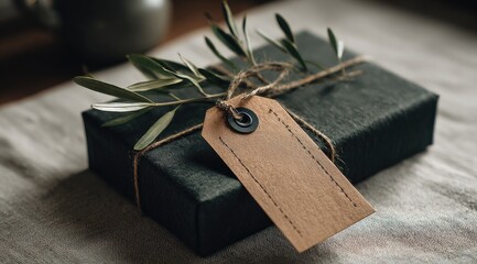 Dark green gift box with natural tag and olive branch
