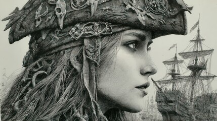 Woman in pirate hat profile view