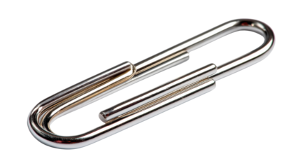 Macro close up of shiny silver paperclip reflecting studio highlights sleek metal finish office stationery staple minimalist desk accessory on white background