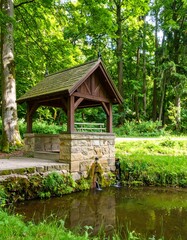 Wooden gazebo over a tranquil spring