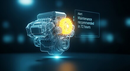 AI predictive maintenance concept. A hologram of an engine with a gear glowing yellow, with an alert: "Maintenance recommended in 72 hours."
