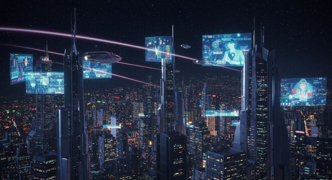 Futuristic cityscape at night, illuminated by glowing screens and hovering vehicles, showcasing advanced technology and urban development.