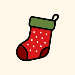 Cute holiday Christmas stocking in red color with green border and white dots simple festive seasonal vector design