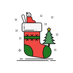 Cartoon vector artwork showing holiday sock with white cuff, Christmas tree, winter snow accents, and traditional festive celebration style