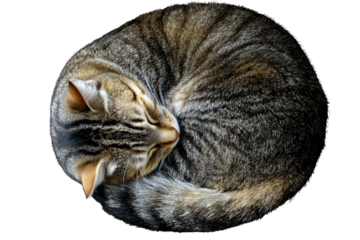 A tabby cat curled up in a tight ball, sleeping peacefully against a transparent background. background removed