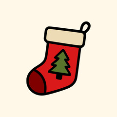Cute red holiday sock featuring green tree design and beige top traditional Christmas decoration vector illustration