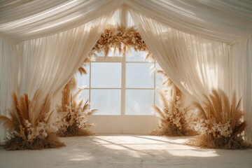 Elegant, neutral-toned wedding backdrop with drapes, window, and dried flower arches