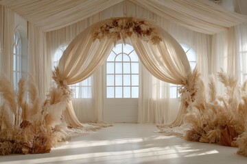 Creamy, minimalist wedding archway.  Soft, flowing fabrics, warm tones, natural decor