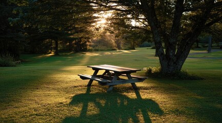 Picnic table bathed in golden sunlight, dappled shade, tranquil park