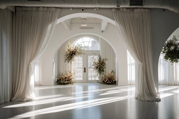 Spacious, bright interior with archways, draped fabric, and floral installations