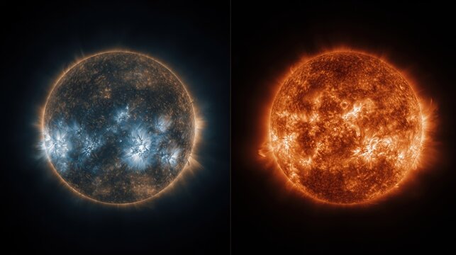 Side-by-Side Comparison of the Sun in Calm and Active States, Captured in Matching Wavelengths Months Apart &ndash; Stock Image, HD Quality