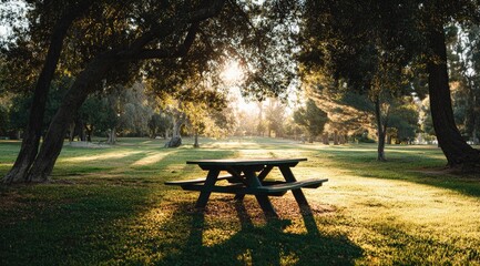 Sunny park picnic table under trees