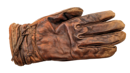 Vintage worn brown leather glove isolated with retro textured details, rustic workwear accessory, aged protective fashion object for collection display on white background