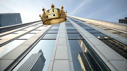 Golden crown floating above a modern building with glass windows