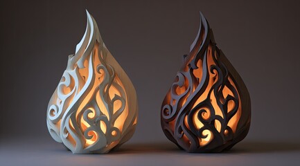 Two ornate, flame-shaped vessels, one white, one brown, lit from within