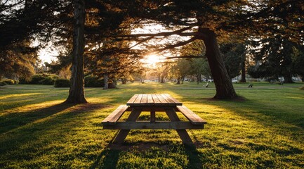 Picnic table bathed in golden sunlight, park at sunset