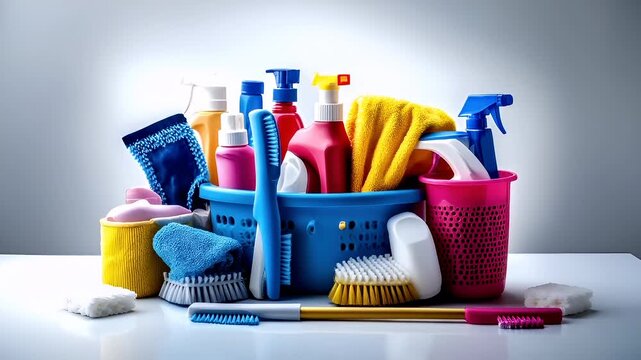 Trash garbage Spring cleaning. A closeup of a blue laundry basket filled with cleaning supplies. The items include a variety of cleaning products, such as bottles, brushes, and sponges.