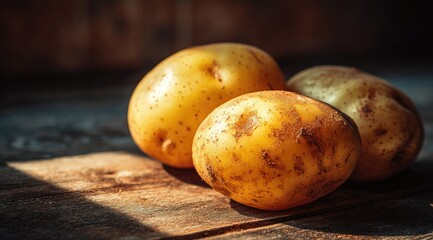 Three potatoes rest on a wooden surface, bathed in warm sunlight