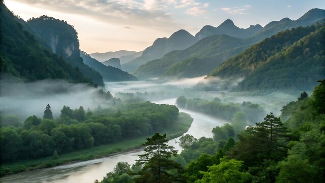 River winding through misty mountains and lush green forest