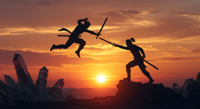 Silhouettes of two ninjas fighting with swords at sunset