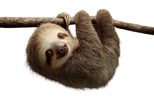Adorable three-toed sloth hanging upside down from a branch, against a transparent background. background removed
