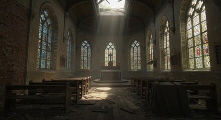 Fototapeta premium A sunlit interior of a dilapidated church, showcasing stained-glass windows and empty pews.