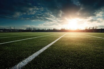 Empty football field at sunset.  Dramatic sky