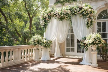 Elegant wedding archway draped in white fabric, adorned with lush floral arrangements, set on a patio overlooking a garden