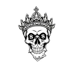 Fototapeta premium Skull wearing a crown with dollar signs in its eyes and playing cards