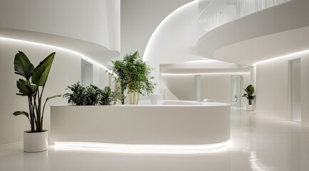 Modern, minimalist reception area with curved walls and abundant greenery
