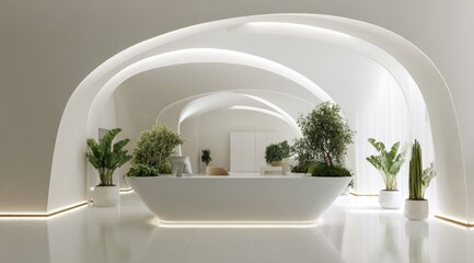 Minimalist reception area with arched ceilings and greenery