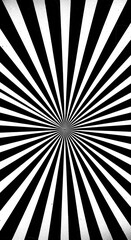 A black and white image featuring a radiating sunburst pattern. The stripes emanate from a central point, creating an optical illusion of depth and movement. A slightly textured background i