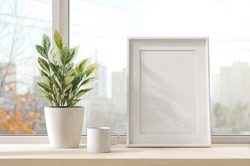 White picture frame, plant, and mug on a windowsill