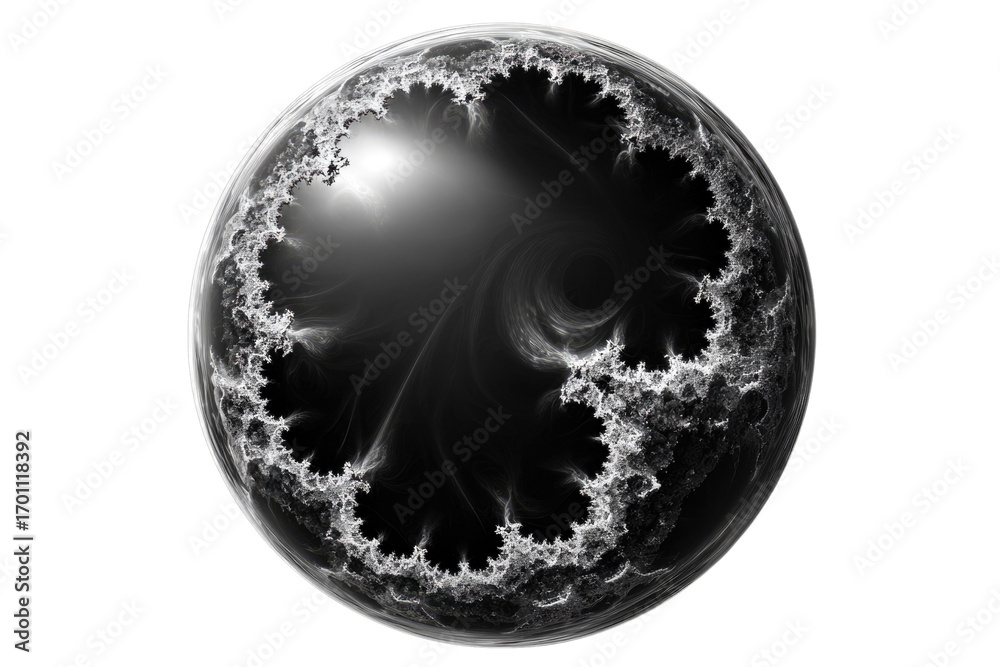 Wall mural abstract grayscale fractal art depicting a sphere with intricate, icy-looking patterns on a transpar