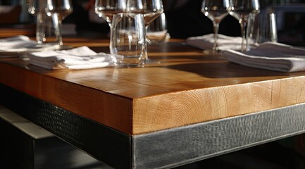 Close-up of a light wooden dining table, with glasses and napkins