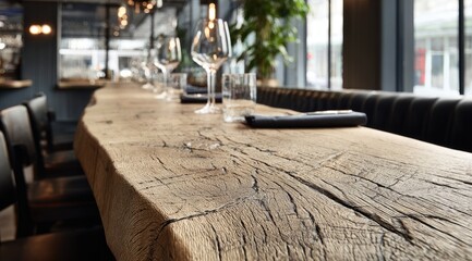 Long, rustic wooden bar counter in a modern cafe, with glassware and napkins