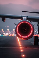 Airplane engine glowing red on tarmac at dusk