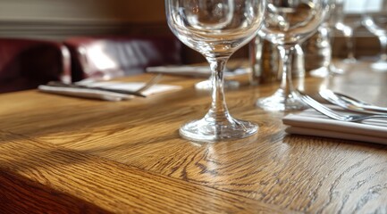Close-up of a restaurant table setting.  Wooden table, clear glasses, silverware, napkins