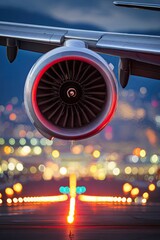 Close-up jet engine on tarmac at night.  City lights blur in background