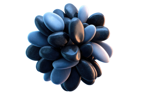 A cluster of smooth, dark and light blue stones forms a sphere against a transparent background. background removed