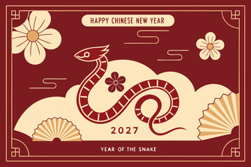 Chinese New Year 2027 Year of the Snake with Flowers and Fans snake illustration traditional