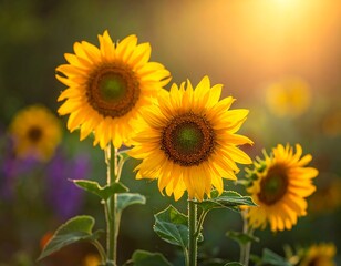 Three vibrant sunflowers bathed in golden sunlight, showcasing a beautiful summer meadow scene.