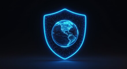 Digital earth globe inside a shield, symbolizing global network security and data protection concept