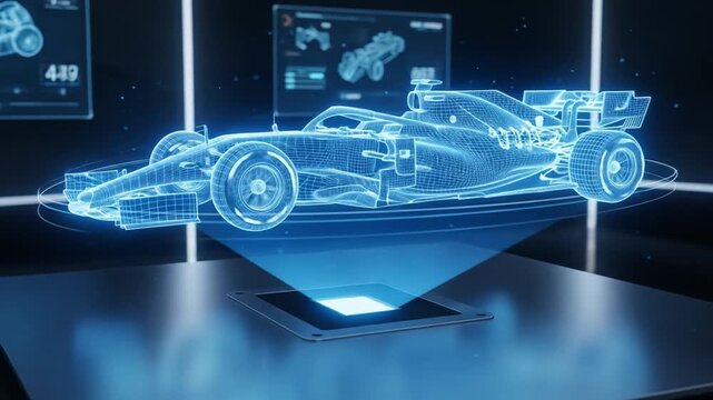 Futuristic Hologram Display of Racing Car with Advanced Tech Interface