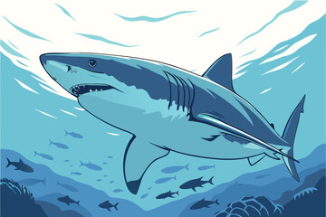 Fototapeta premium Great white shark swims in clear blue ocean water with small fish and coral underwater