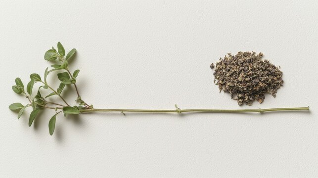 Oregano sprig and dried oregano on a white surface