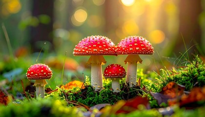 Vibrant red toadstools stand out amidst a forest floor, bathed in warm sunlight.