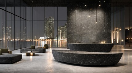 Obraz premium Modern Hotel Lobby At Night With City View